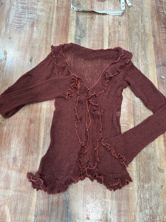 Handmade Sweaters - VTG Y2K Ruffled Semi-Sheer Snap-Front Cardigan